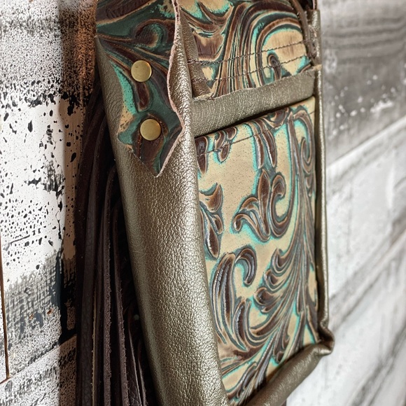 Metallic bronze and accents in turquoise and brown embossed crossbody purse - Picture 15 of 15